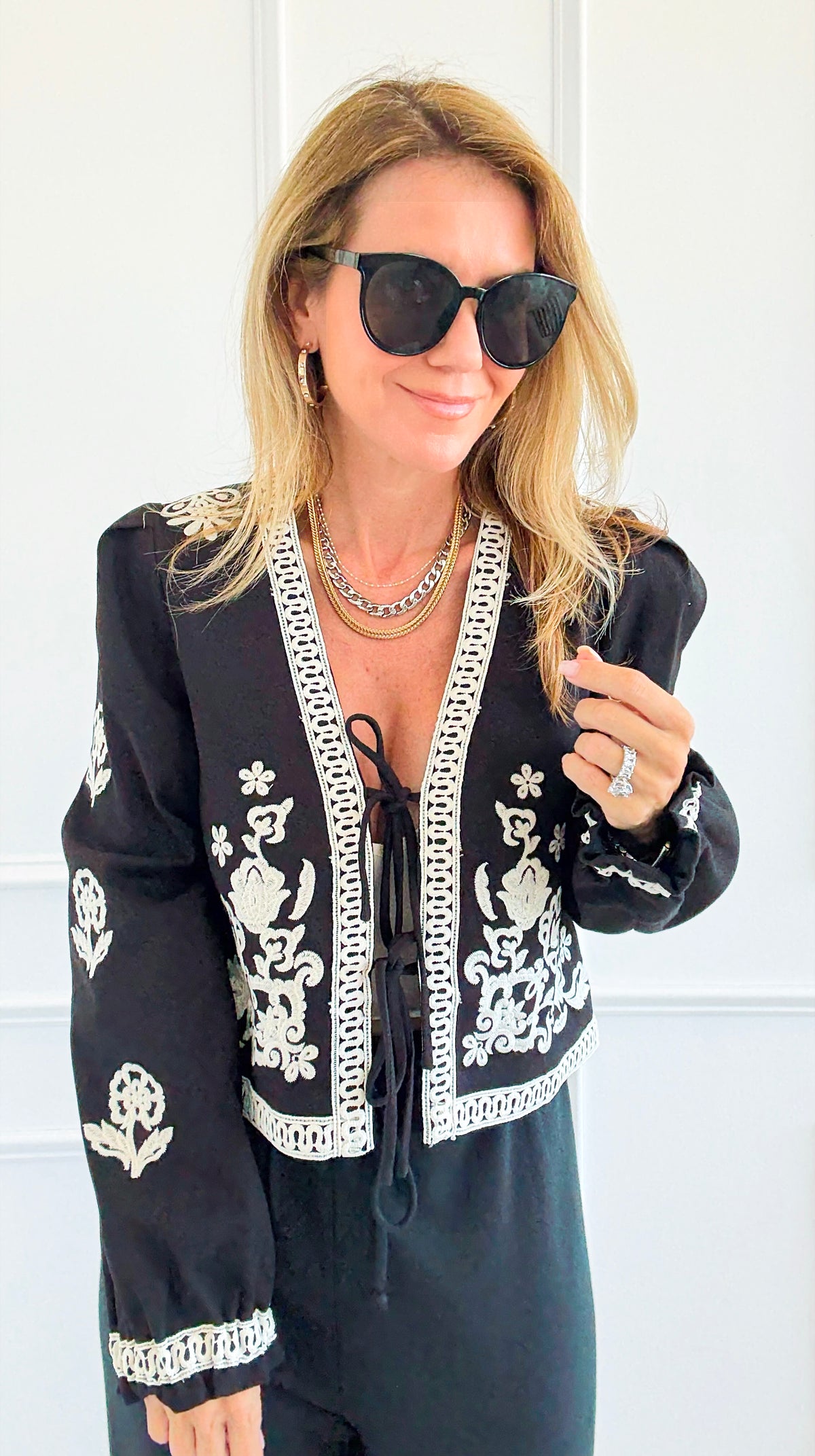 Embroidery Detail Front Tie Long Sleeve Jacket-160 Jackets-Blu Pepper-Coastal Bloom Boutique, find the trendiest versions of the popular styles and looks Located in Indialantic, FL