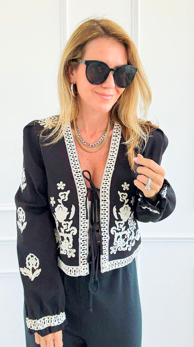 Embroidery Detail Front Tie Long Sleeve Jacket-160 Jackets-Blu Pepper-Coastal Bloom Boutique, find the trendiest versions of the popular styles and looks Located in Indialantic, FL