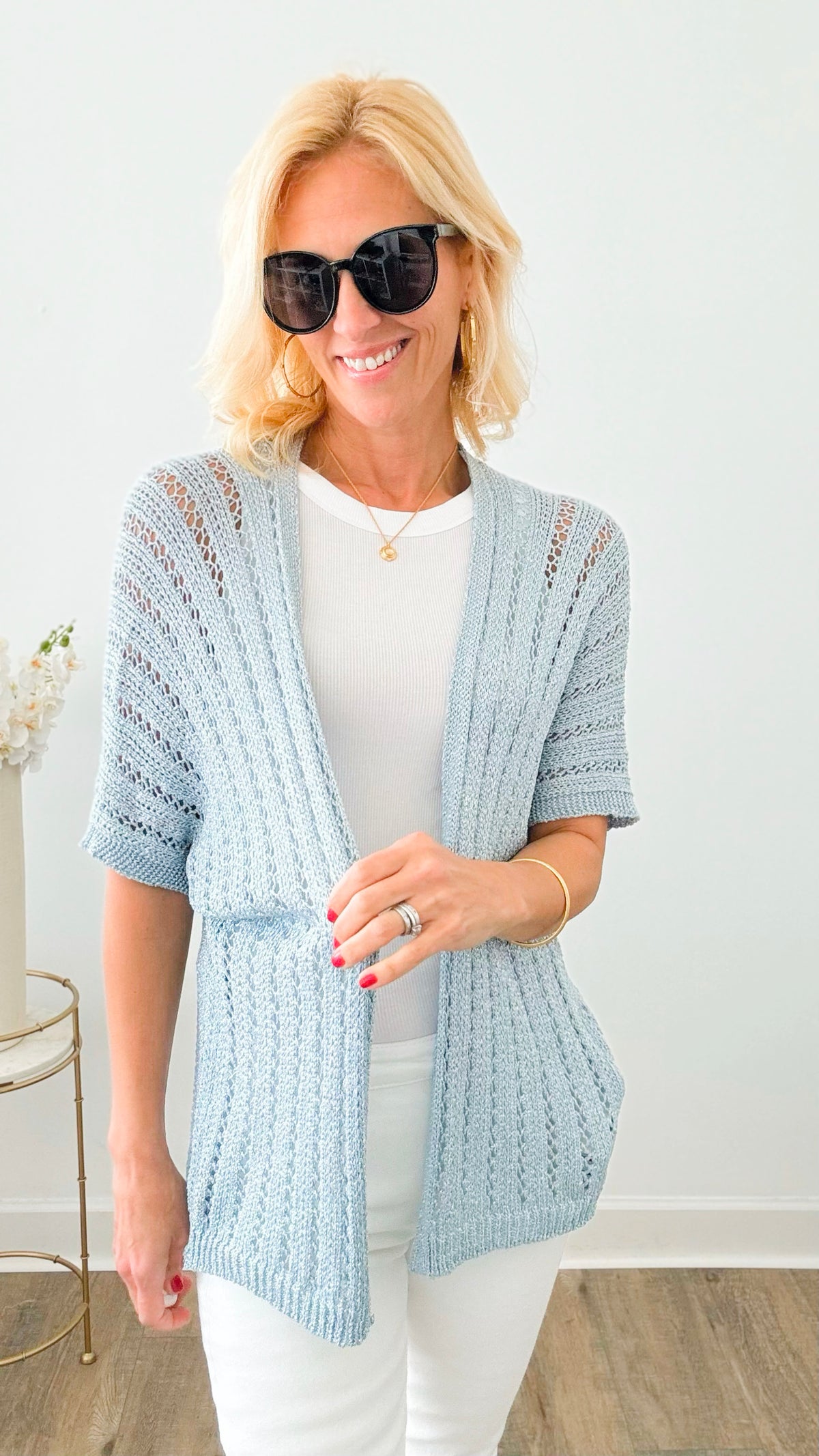 Crochet Shimmer Italian Cardigan - Slate Blue-150 Cardigans/Layers-Germany-Coastal Bloom Boutique, find the trendiest versions of the popular styles and looks Located in Indialantic, FL