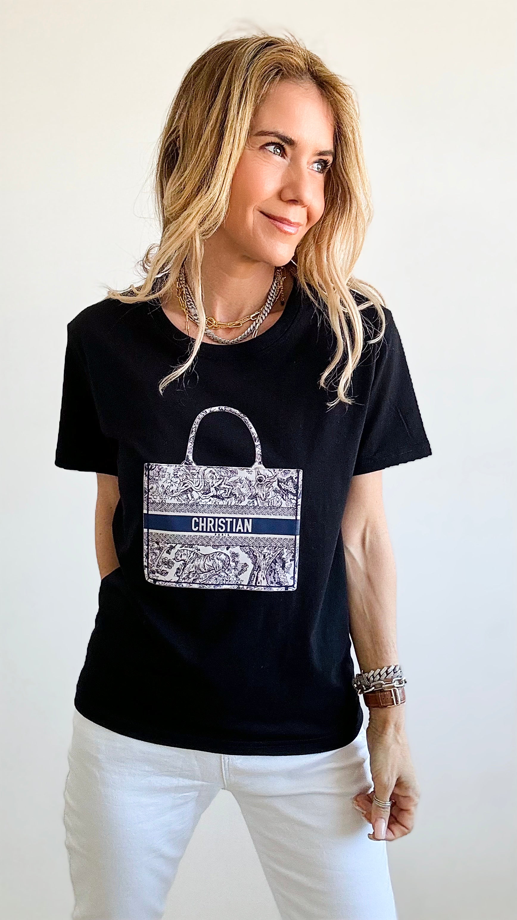 Adorable Toile Bag Print T-Shirt - Black-110 Short Sleeve Tops-Chasing Bandits-Coastal Bloom Boutique, find the trendiest versions of the popular styles and looks Located in Indialantic, FL