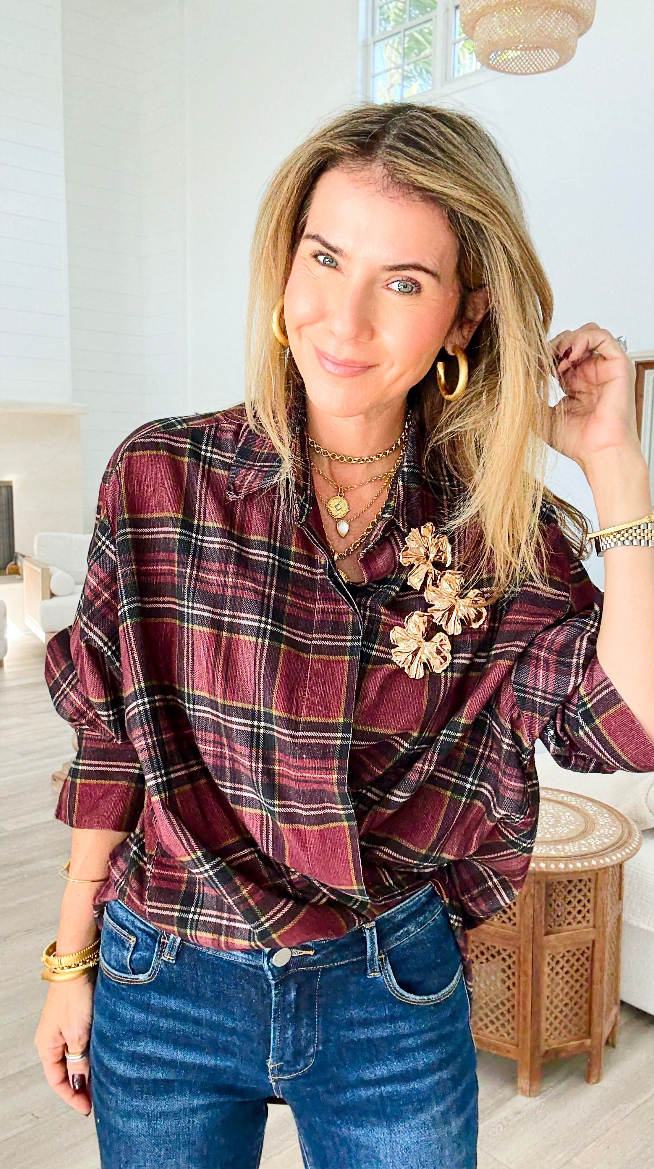 Plaid Petals Corduroy Italian Blouse