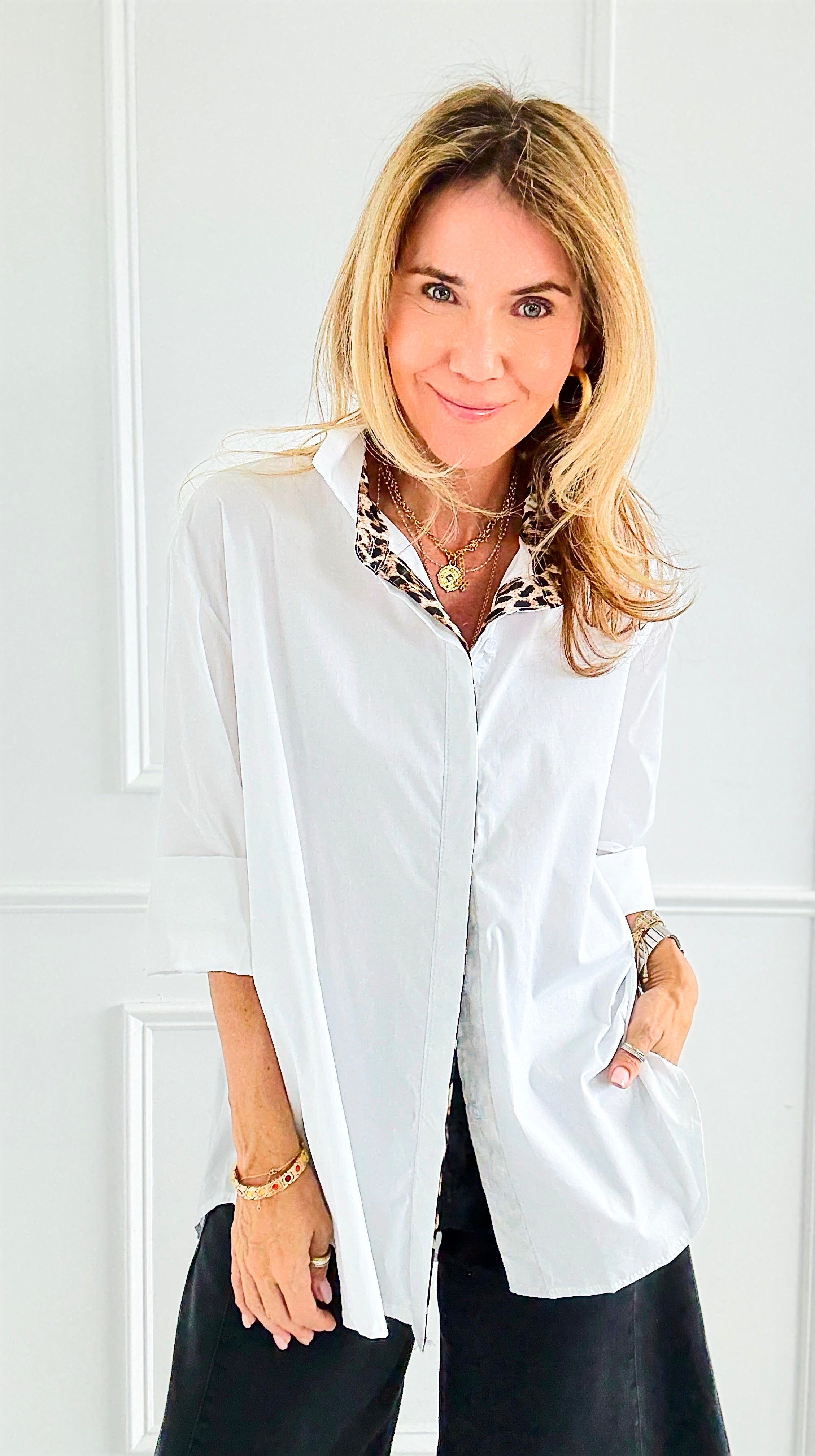 Wild Contrast Collar Italian Shirt-110 Long Sleeve Tops-STAR SRL-Coastal Bloom Boutique, find the trendiest versions of the popular styles and looks Located in Indialantic, FL