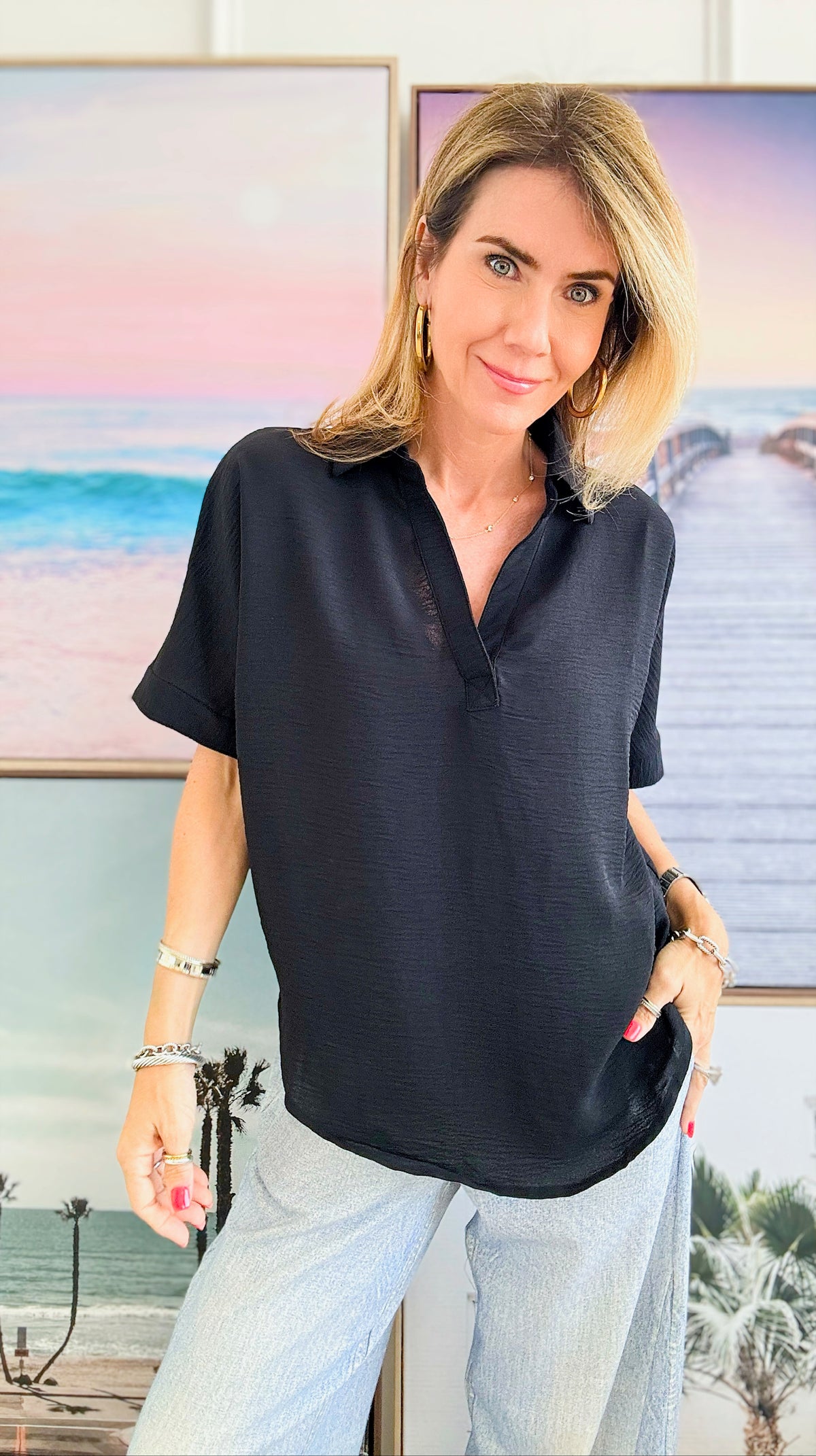 Woven Airflow Collared V-Neck Top - Black-100 Sleeveless Tops-Zenana-Coastal Bloom Boutique, find the trendiest versions of the popular styles and looks Located in Indialantic, FL