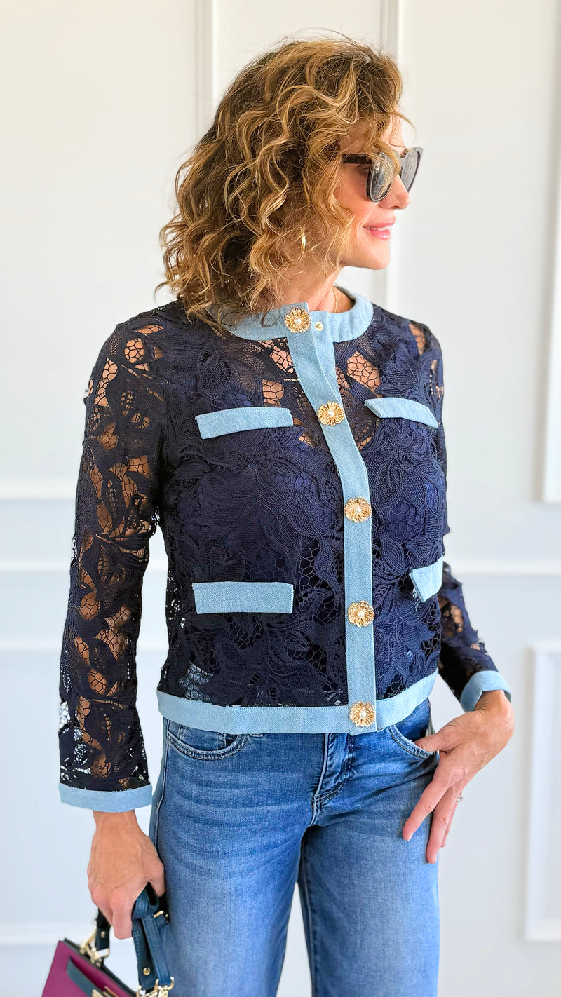 Colorblock Lace & Denim Jacket-160 Jackets-PASTEL DESIGN-Coastal Bloom Boutique, find the trendiest versions of the popular styles and looks Located in Indialantic, FL