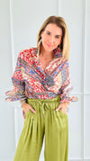 Garden Mosaic Ruffle Bell Sleeve Italian Blouse-130 Long sleeve top-SEÑORITA C-Coastal Bloom Boutique, find the trendiest versions of the popular styles and looks Located in Indialantic, FL