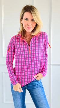 Pre Order- Plaid Allure Zip-Up Top-110 Long Sleeve Tops-Gretchen Scott-Coastal Bloom Boutique, find the trendiest versions of the popular styles and looks Located in Indialantic, FL