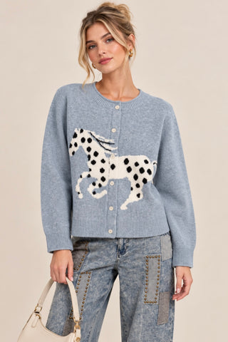 Spotted Equestrian Button Cardigan - Light Blue
