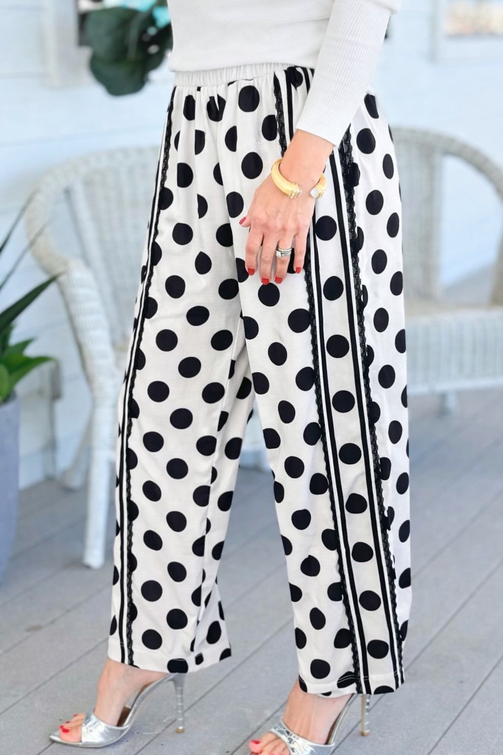 Playful Dot Lace Trim Wide Leg Pants -Off White