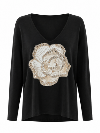 Golden Bloom Embellished V-Neck Italian Knit Top