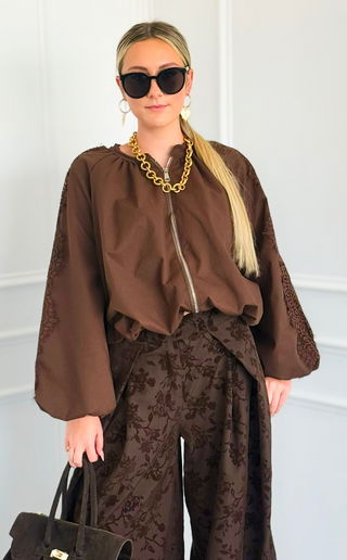 Grace in Lace Italian Zip Jacket- Brown