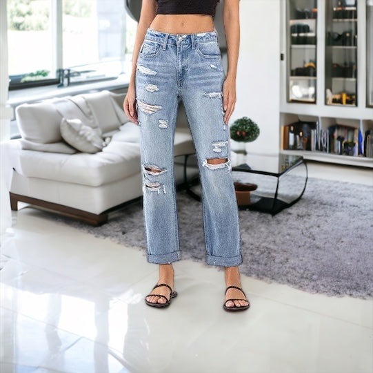 High Rise Distressed Rigid Boyfriend Jeans-170 Bottoms-Flying Monkey-Coastal Bloom Boutique, find the trendiest versions of the popular styles and looks Located in Indialantic, FL