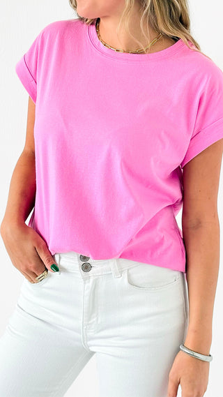 Effortless Essential Tee - Candy Pink-110 Short Sleeve Tops-Zenana-Coastal Bloom Boutique, find the trendiest versions of the popular styles and looks Located in Indialantic, FL