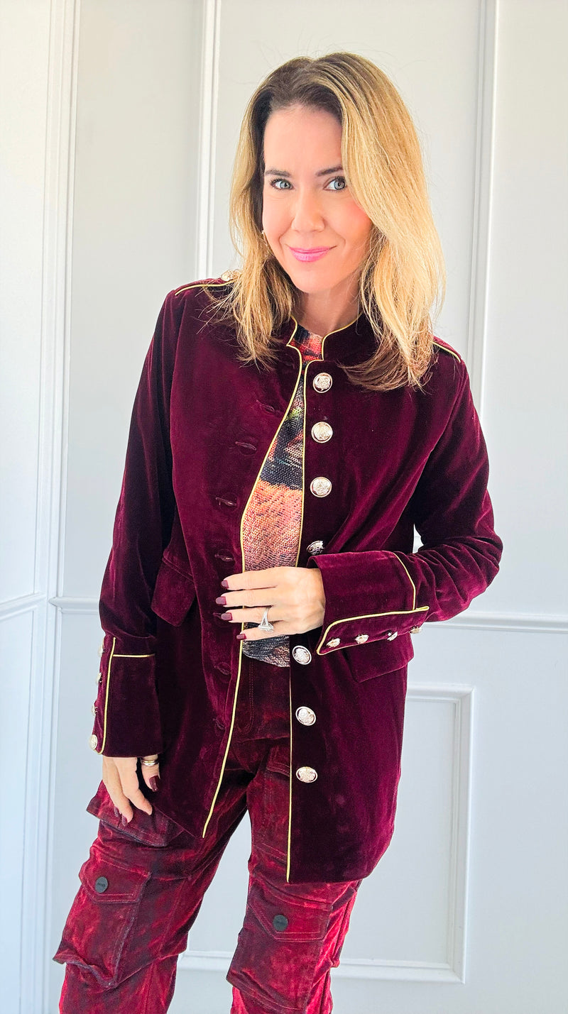 Majestic Velvet Military Blazer - Claret-160 Jackets-Cezele-Coastal Bloom Boutique, find the trendiest versions of the popular styles and looks Located in Indialantic, FL