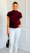 Floral Trim Knit Sleeveless Sweater - Burgundy-140 Sweaters-Blu Pepper-Coastal Bloom Boutique, find the trendiest versions of the popular styles and looks Located in Indialantic, FL
