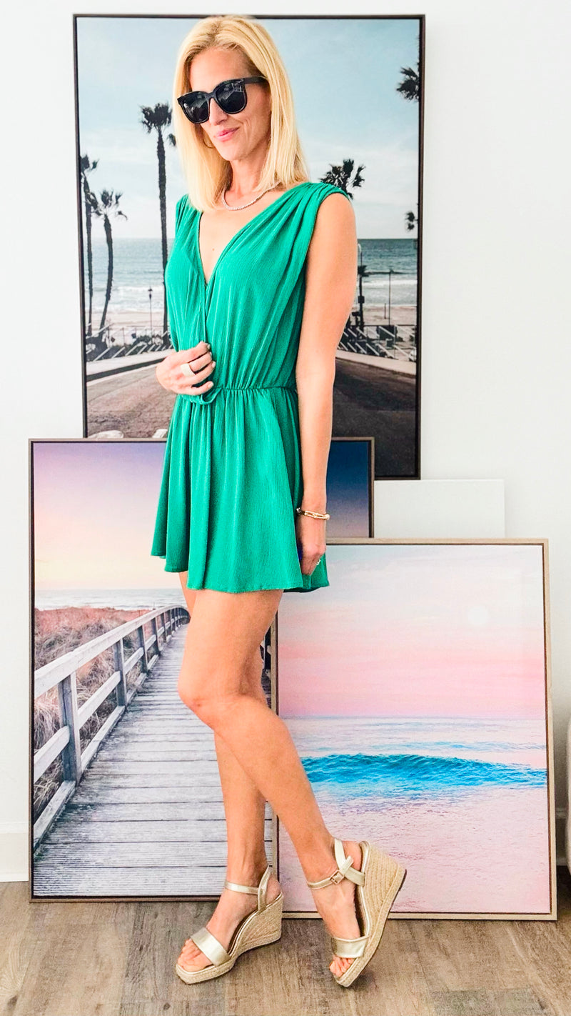 Woven Crinkle Draped Romper - K Green-200 Dresses/Jumpsuits/Rompers-Zenana-Coastal Bloom Boutique, find the trendiest versions of the popular styles and looks Located in Indialantic, FL