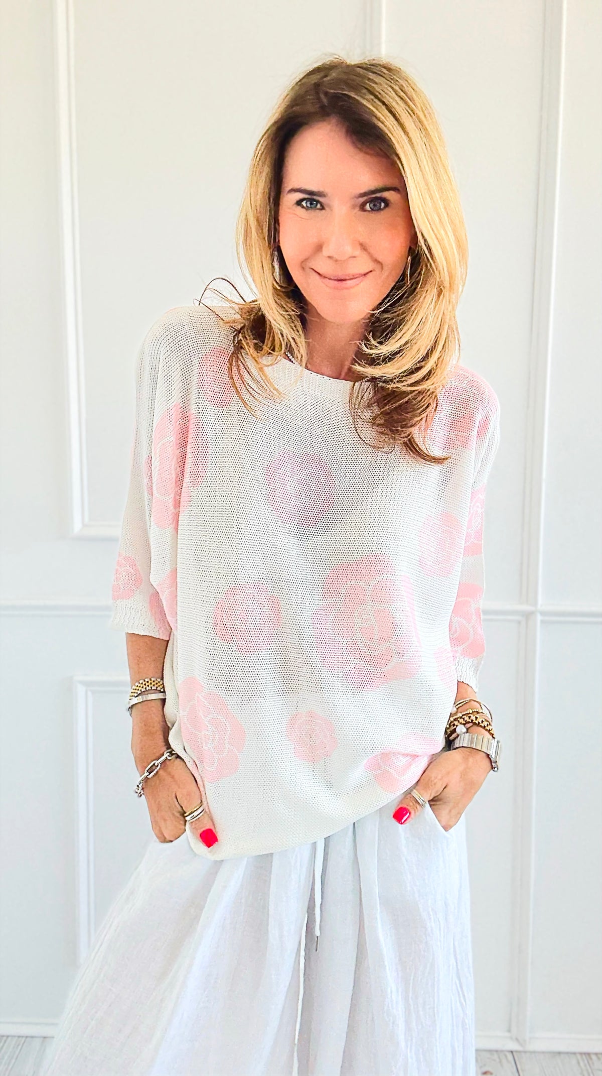 Noir Petals Short Sleeve Italian St Tropez Knit- Pink-140 Sweaters-Italianissimo-Coastal Bloom Boutique, find the trendiest versions of the popular styles and looks Located in Indialantic, FL