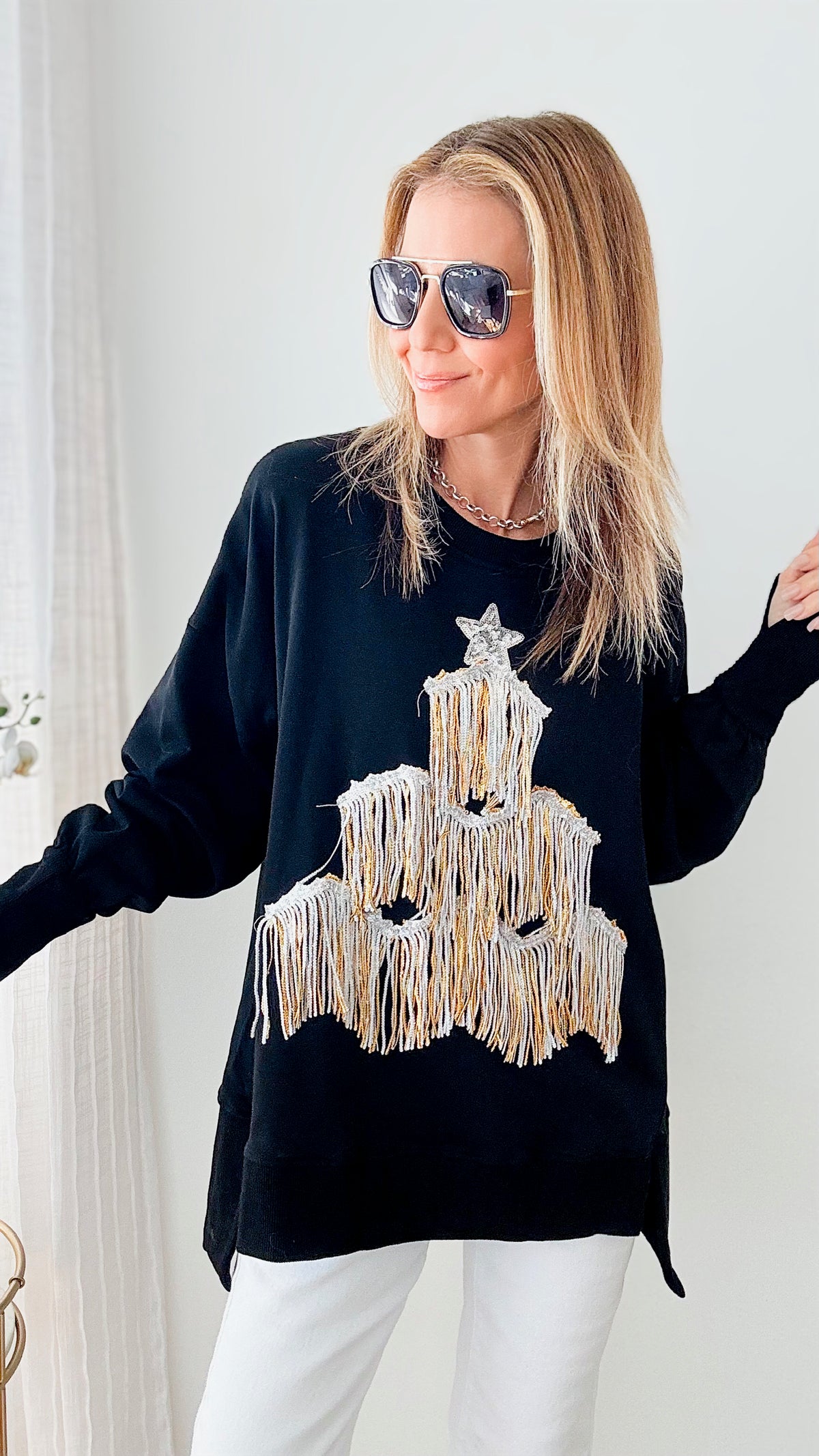 Holiday Sequin Fringe Christmas Tree Top-130 Long Sleeve Tops-Fantastic Fawn-Coastal Bloom Boutique, find the trendiest versions of the popular styles and looks Located in Indialantic, FL
