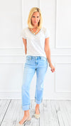 Shimmer Trim V-Neck Italian Top- White-110 short Sleeve Top-SARL LACOMY-Coastal Bloom Boutique, find the trendiest versions of the popular styles and looks Located in Indialantic, FL