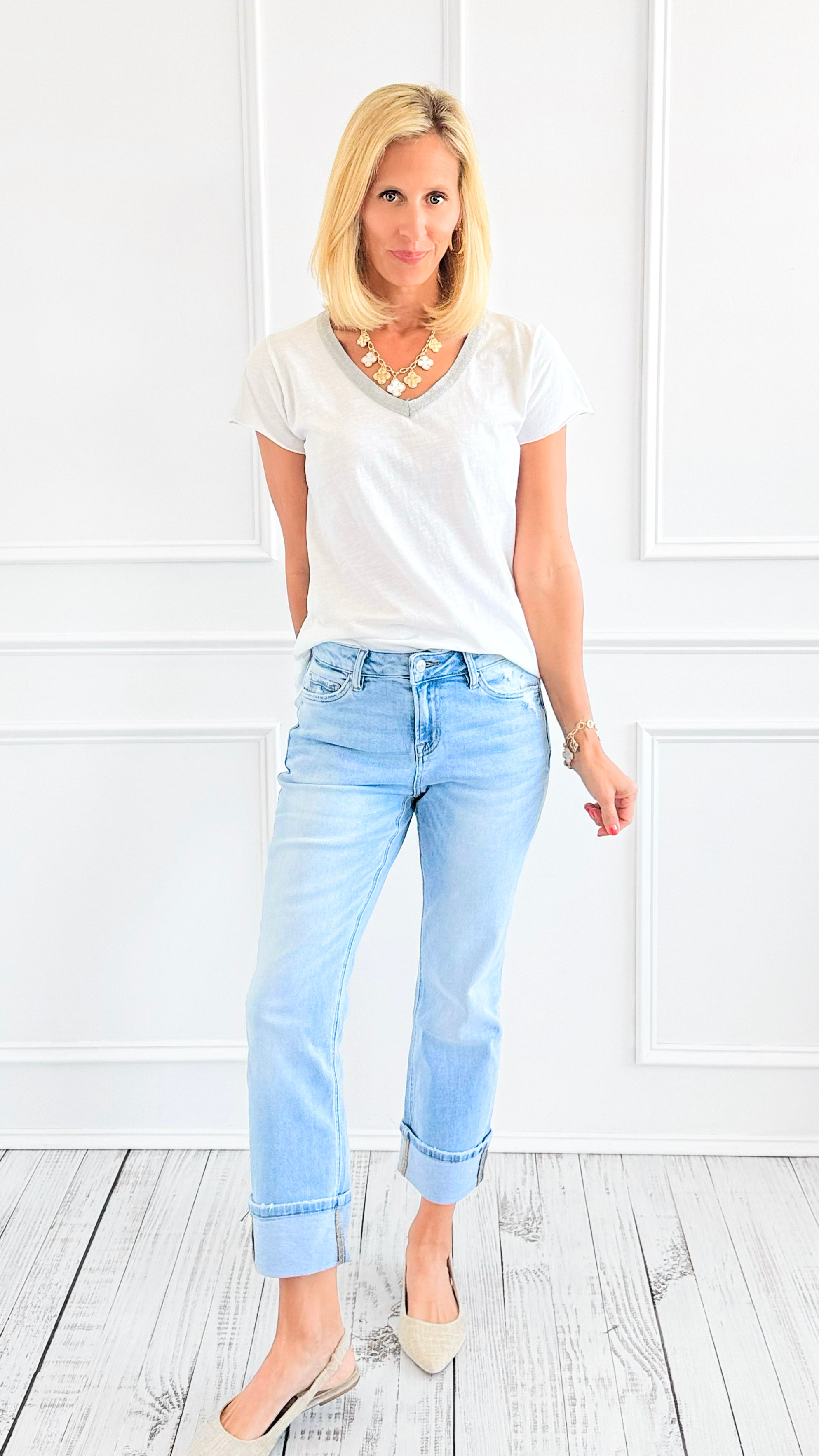 Shimmer Trim V-Neck Italian Top- White-110 short Sleeve Top-SARL LACOMY-Coastal Bloom Boutique, find the trendiest versions of the popular styles and looks Located in Indialantic, FL