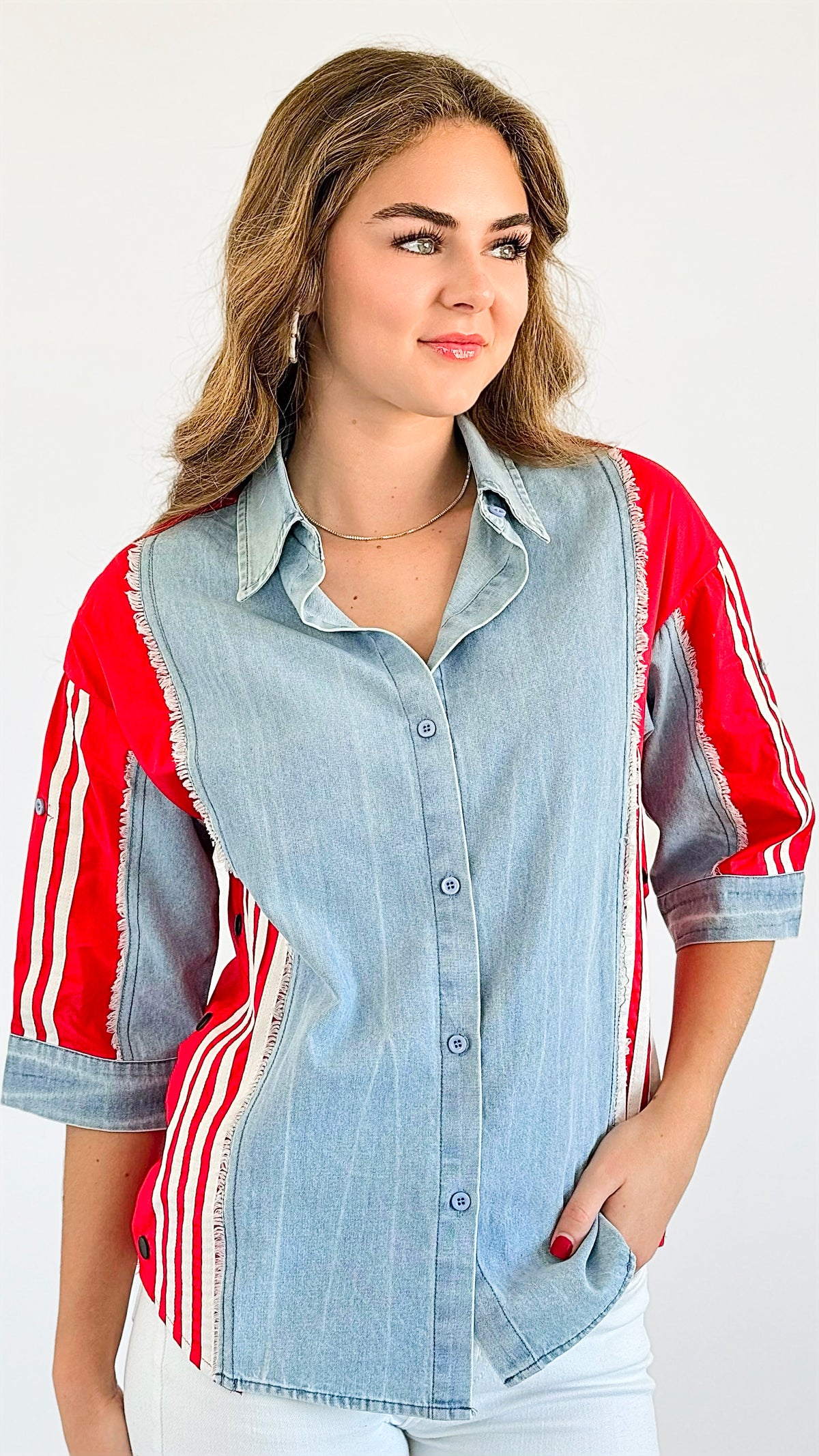 Striped Harmony Button-Up Top - Red-130 Long Sleeve Tops-PASTEL DESIGN-Coastal Bloom Boutique, find the trendiest versions of the popular styles and looks Located in Indialantic, FL