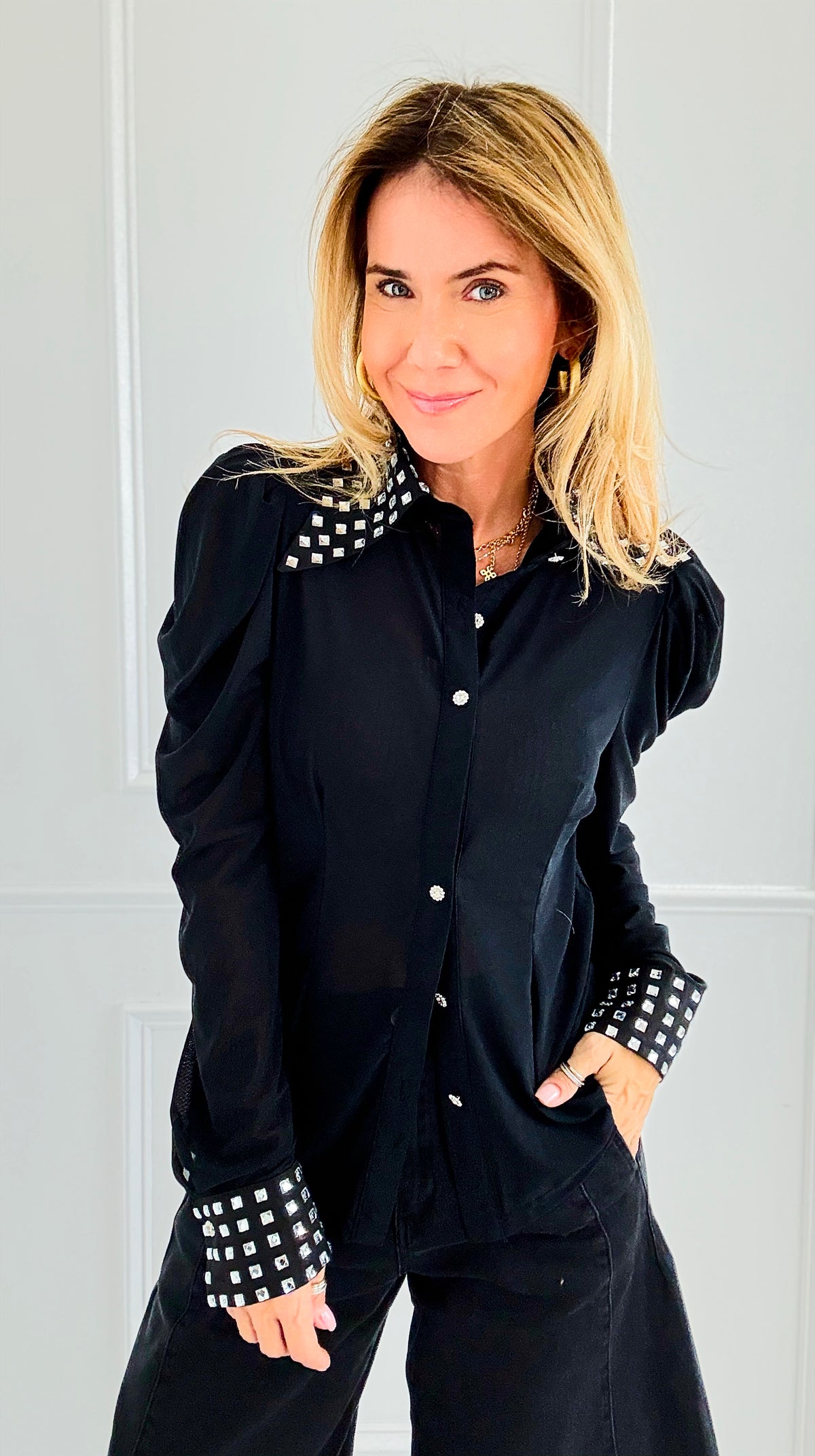 Crystal Collar Power Top-110 Long Sleeve Tops-7Mango7-Coastal Bloom Boutique, find the trendiest versions of the popular styles and looks Located in Indialantic, FL