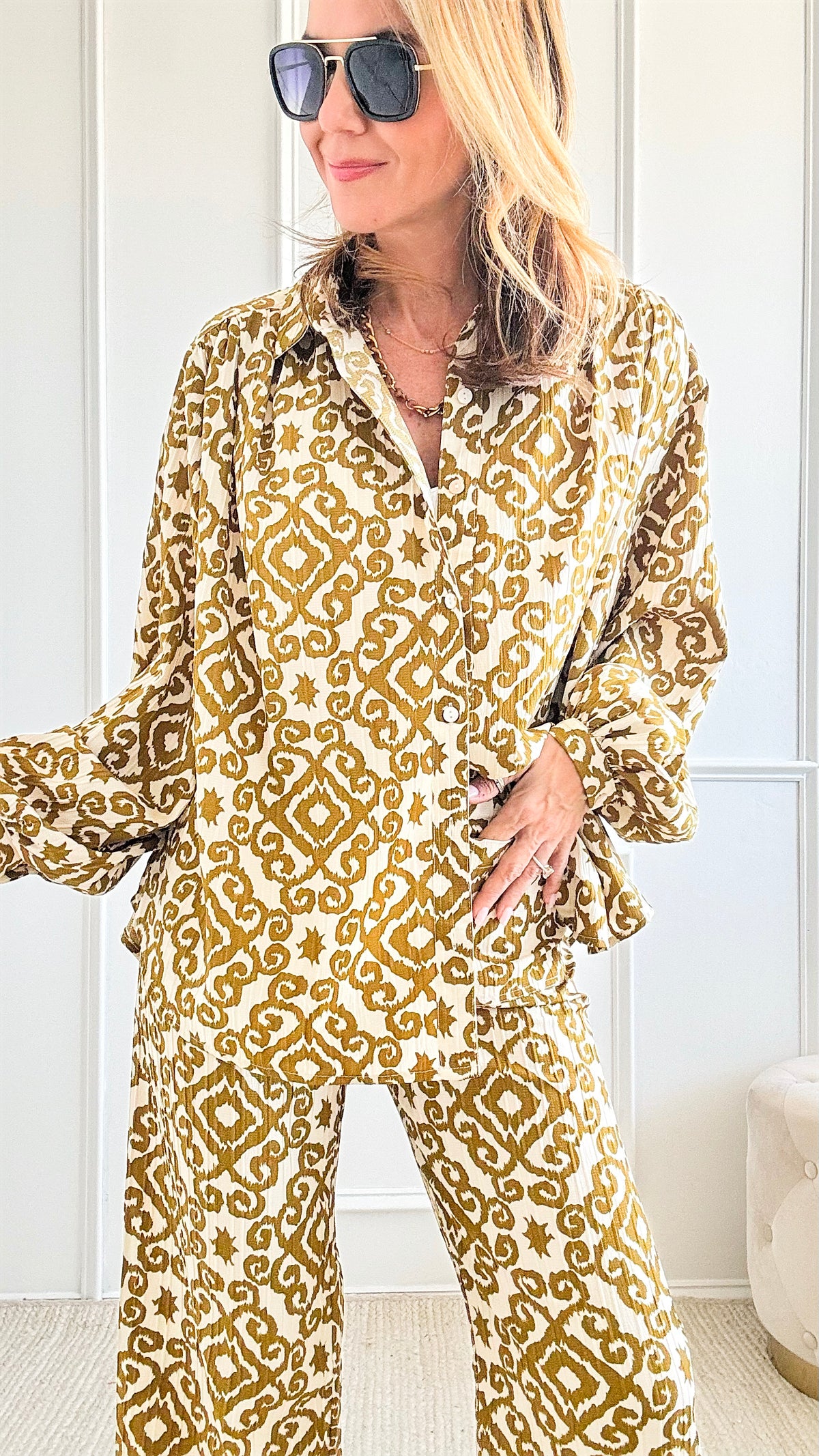 Oversized Boho Print Shirt Blouse-130 Long Sleeve Tops-Gigio-Coastal Bloom Boutique, find the trendiest versions of the popular styles and looks Located in Indialantic, FL