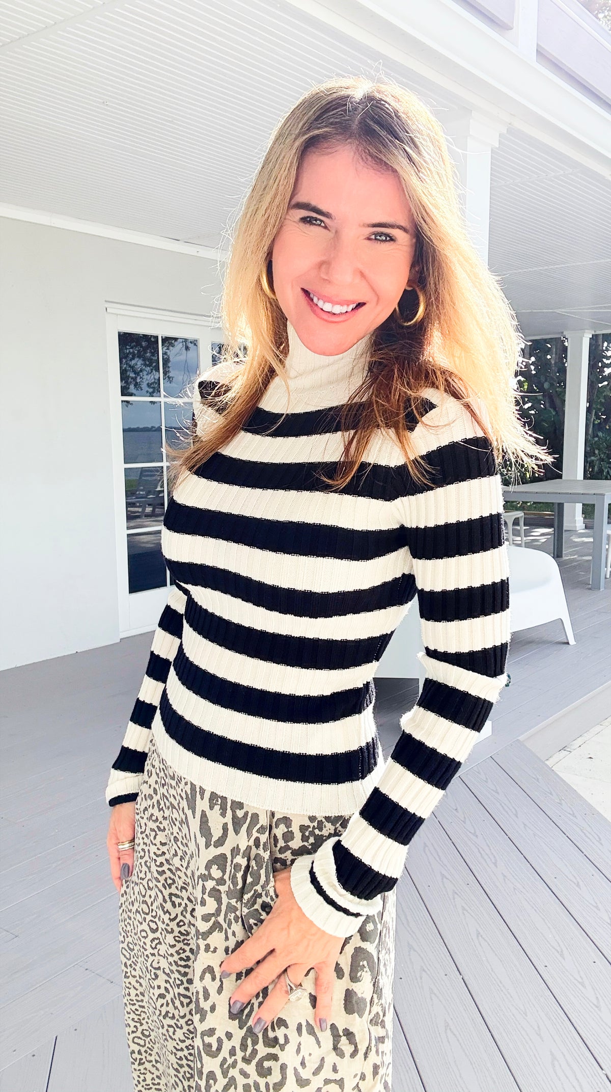 Long Sleeve Ribbed Stripe Sweater - Ivory/Black-140 Sweaters-Active Basic-Coastal Bloom Boutique, find the trendiest versions of the popular styles and looks Located in Indialantic, FL