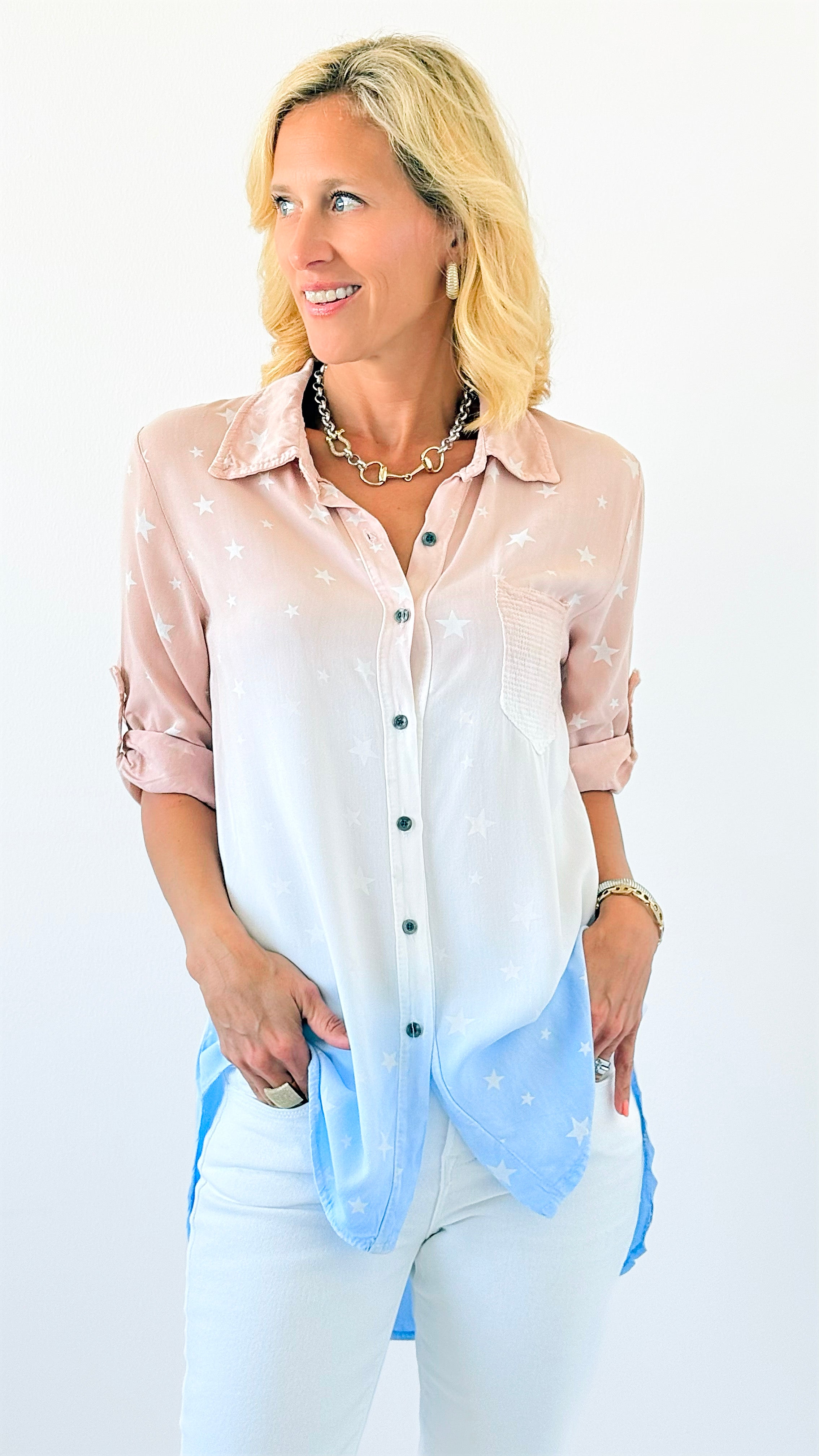 Ombre Stars & Sequin Italian Shirt-130 Long Sleeve Tops-Venti6 Outlet-Coastal Bloom Boutique, find the trendiest versions of the popular styles and looks Located in Indialantic, FL