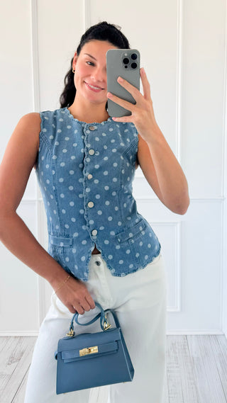 Polka Dot Scalloped Denim Top