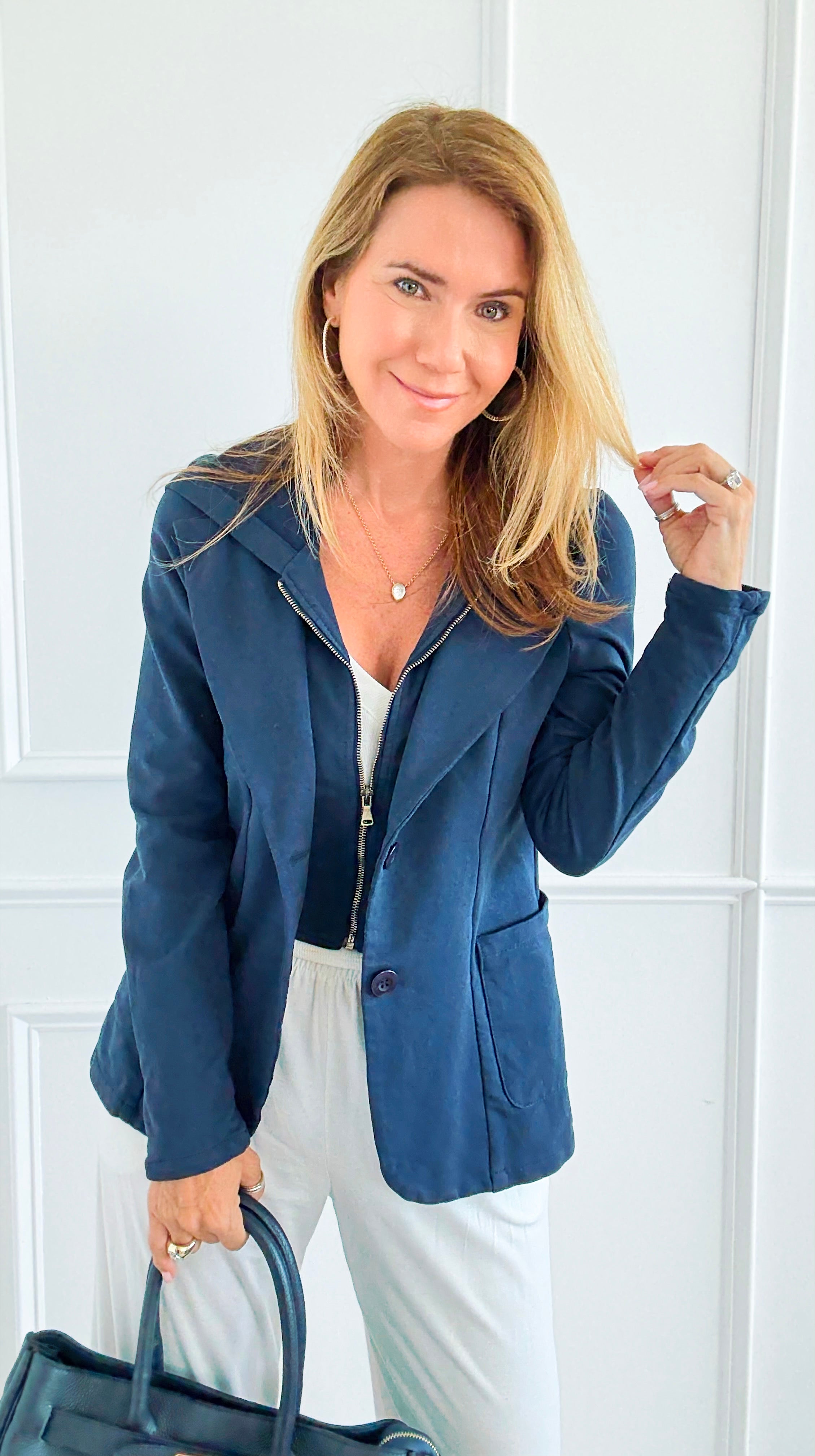 Hooded Style Italian Zip Blazer-160 Jackets-V SKY-Coastal Bloom Boutique, find the trendiest versions of the popular styles and looks Located in Indialantic, FL