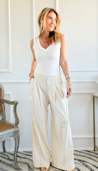 Fringe Line Wide Leg Pants - Oatmeal