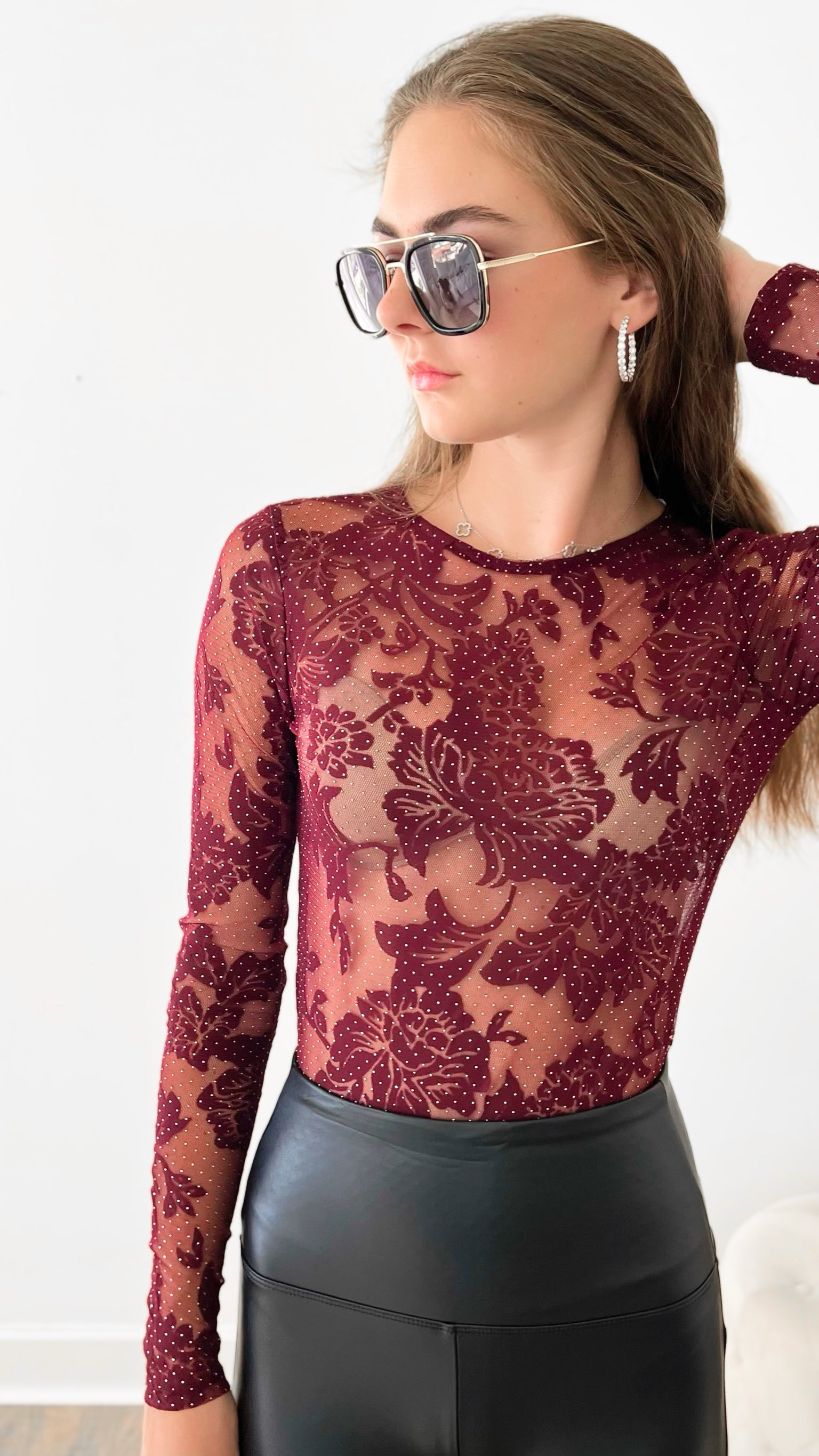 Glam Girl Floral Lace Mesh Bodysuit - Burgundy