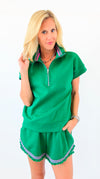 Ruffle Collar Zip Front Knit Top & Shorts Set - Green-110 short Sleeve Top-Umgee-Coastal Bloom Boutique, find the trendiest versions of the popular styles and looks Located in Indialantic, FL