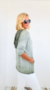 Hoodie V-Neck Italian Sweatshirt Top - Olive-130 Long Sleeve Tops-Tempo-Coastal Bloom Boutique, find the trendiest versions of the popular styles and looks Located in Indialantic, FL