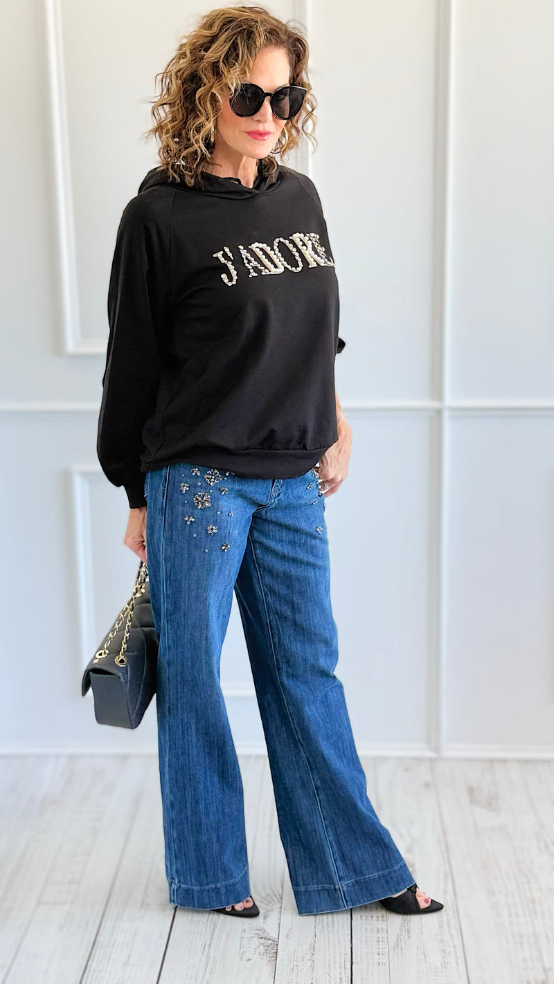J'Adore Sparkle Italian Hoodie- Black-140 Sweaters-CRIS S.R.L.-Coastal Bloom Boutique, find the trendiest versions of the popular styles and looks Located in Indialantic, FL