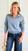 Whispered Grace Polo Top - Dusty Blue-130 Long Sleeve Tops-Rosio-Coastal Bloom Boutique, find the trendiest versions of the popular styles and looks Located in Indialantic, FL