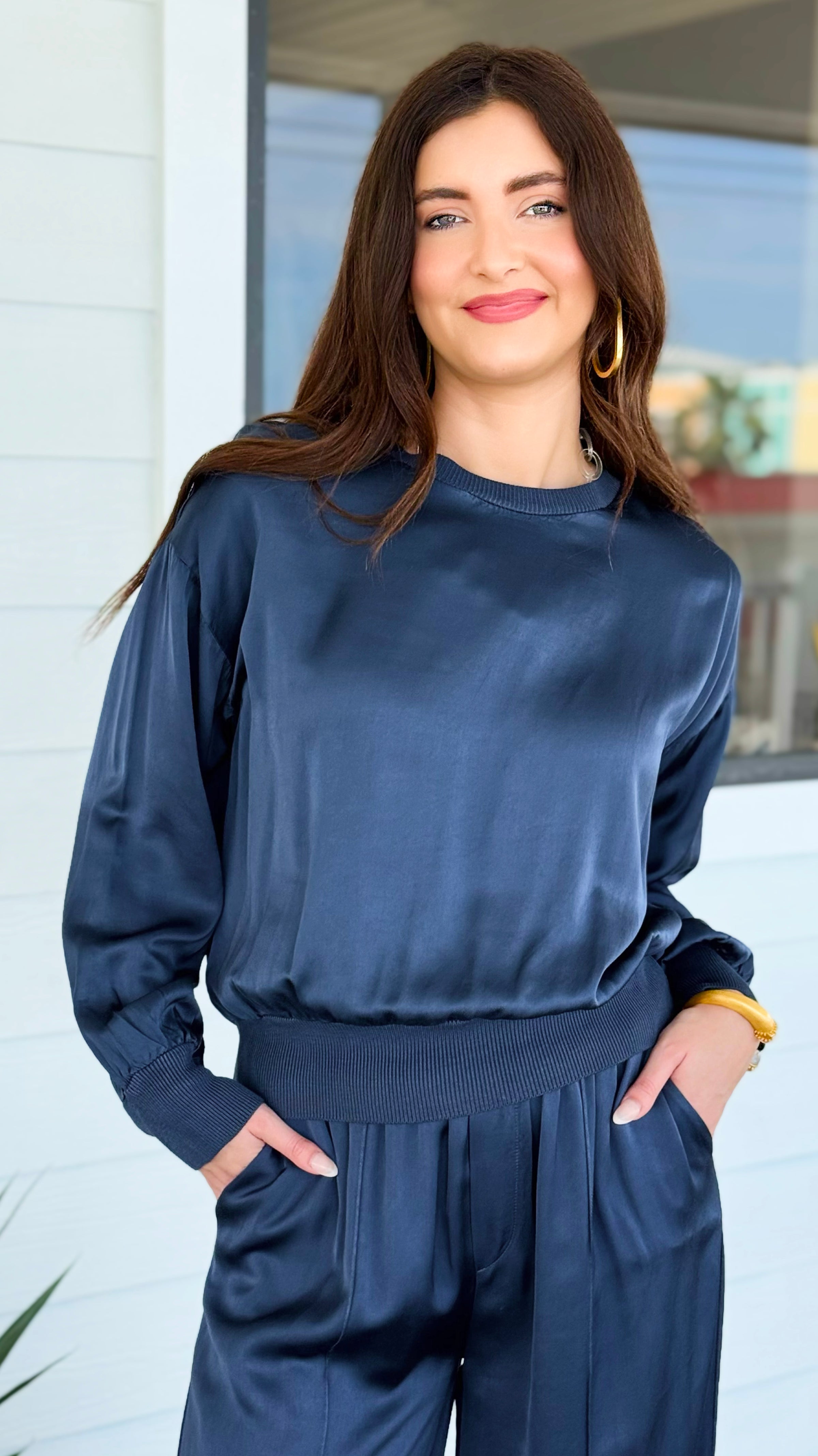 Comfort Silk Touch Italian Long Sleeve Top- Navy