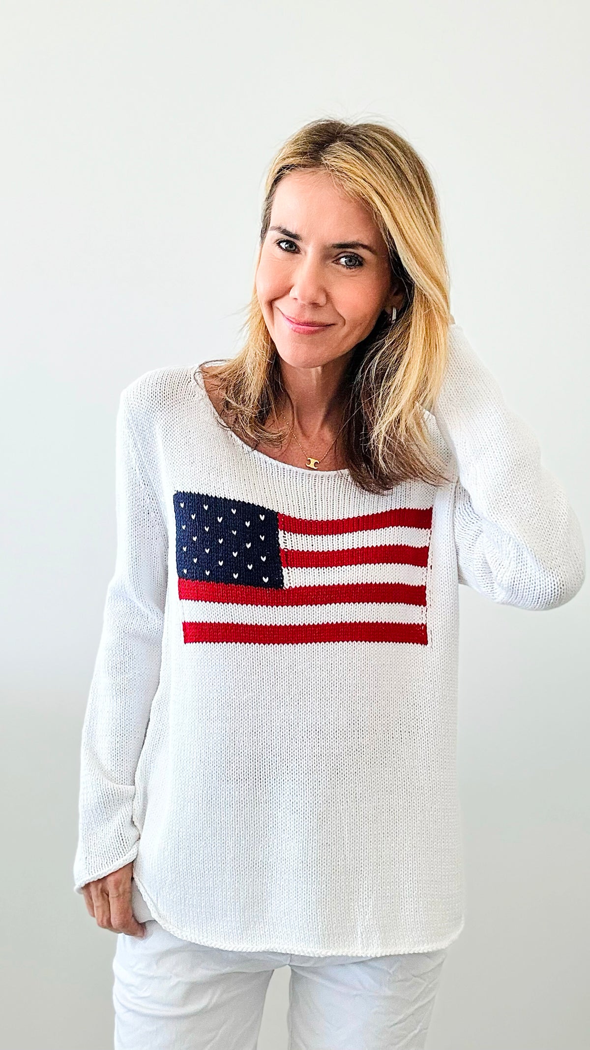 Flag Soft Sweater -White-140 Sweaters-Miracle-Coastal Bloom Boutique, find the trendiest versions of the popular styles and looks Located in Indialantic, FL