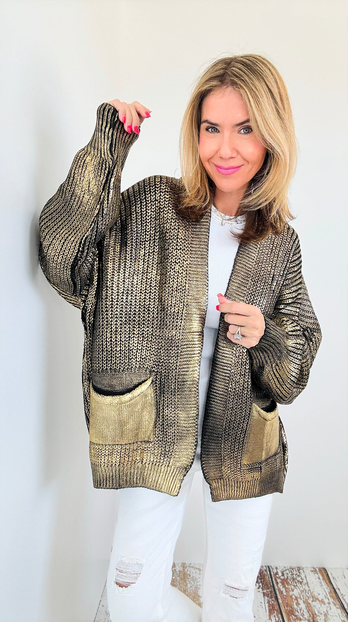 Mirrored Metallic Sugar High Italian Cardigan- Black/ Gold-150 Cardigan Layers-Italianissimo-Coastal Bloom Boutique, find the trendiest versions of the popular styles and looks Located in Indialantic, FL