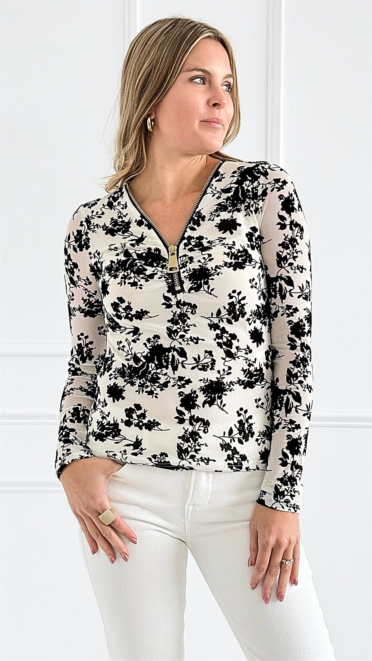 Floral Zip Front Long-Sleeve Top-130 Long Sleeve Tops-7Mango7-Coastal Bloom Boutique, find the trendiest versions of the popular styles and looks Located in Indialantic, FL