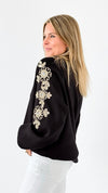 Ornate Blossom Sleeve Italian Sweater- Black-140 Sweaters-Italianissimo-Coastal Bloom Boutique, find the trendiest versions of the popular styles and looks Located in Indialantic, FL