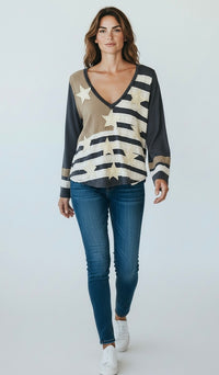 Heritage Patch V-Neck Top-110 Long Sleeve Tops-POL-Coastal Bloom Boutique, find the trendiest versions of the popular styles and looks Located in Indialantic, FL