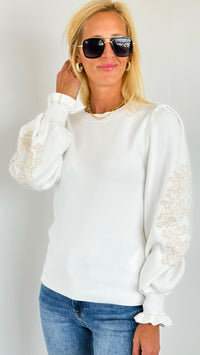 Embroidered Ruffle Cuff Sweater-140 Sweaters-Fate Inc-Coastal Bloom Boutique, find the trendiest versions of the popular styles and looks Located in Indialantic, FL