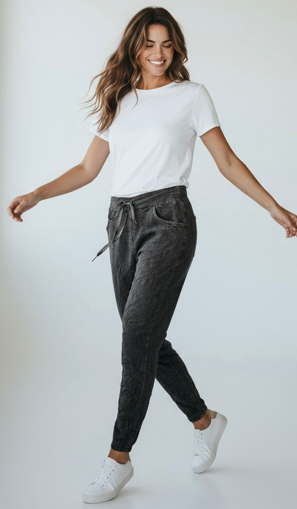 Love Endures Italian Jogger - Denim Washed Black-180 Joggers-SUNNY HOLIDAYS-Coastal Bloom Boutique, find the trendiest versions of the popular styles and looks Located in Indialantic, FL