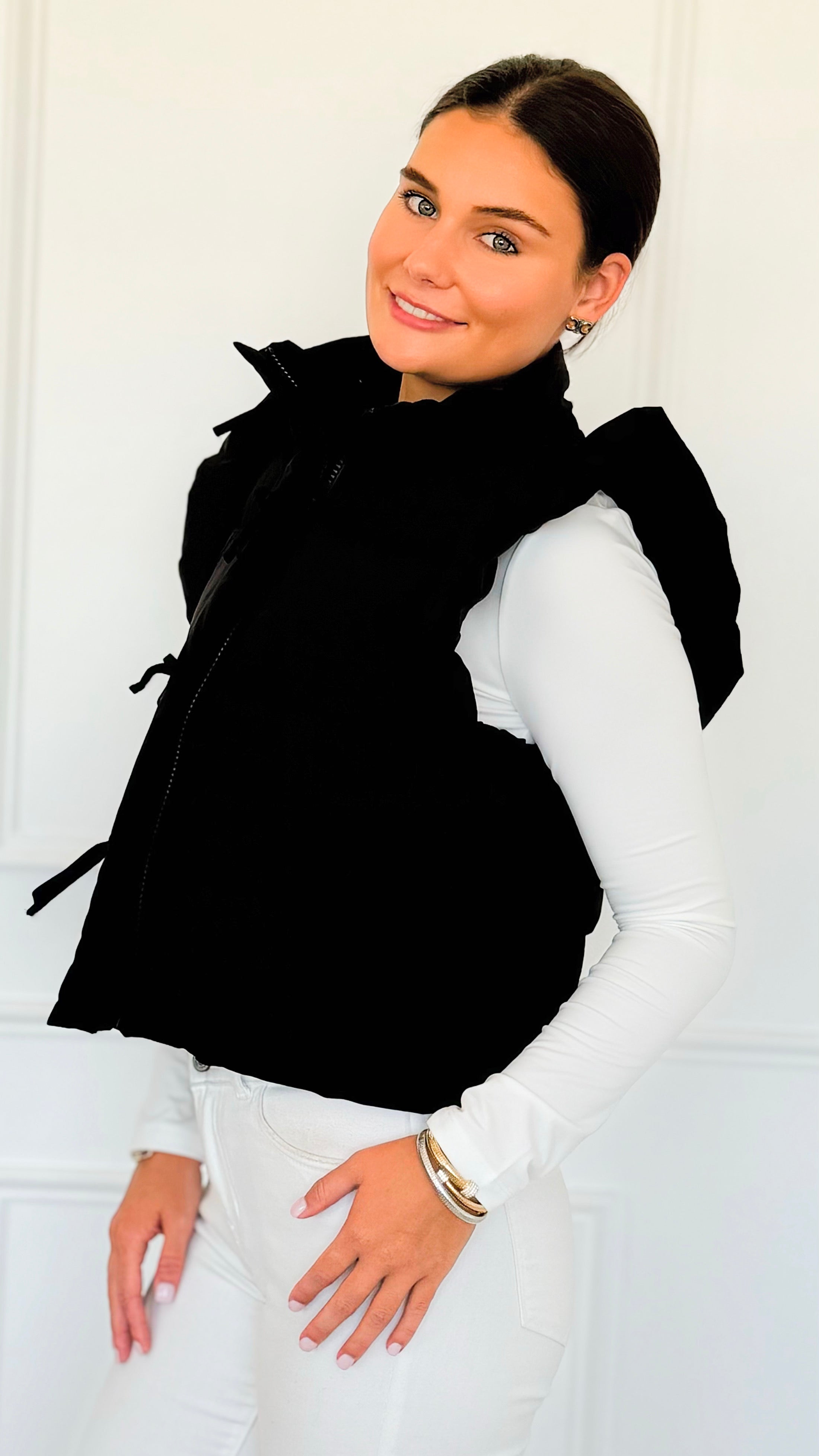 Ruffle & Ready Bow Puffer Vest - Black-vest-Jodifl-Coastal Bloom Boutique, find the trendiest versions of the popular styles and looks Located in Indialantic, FL