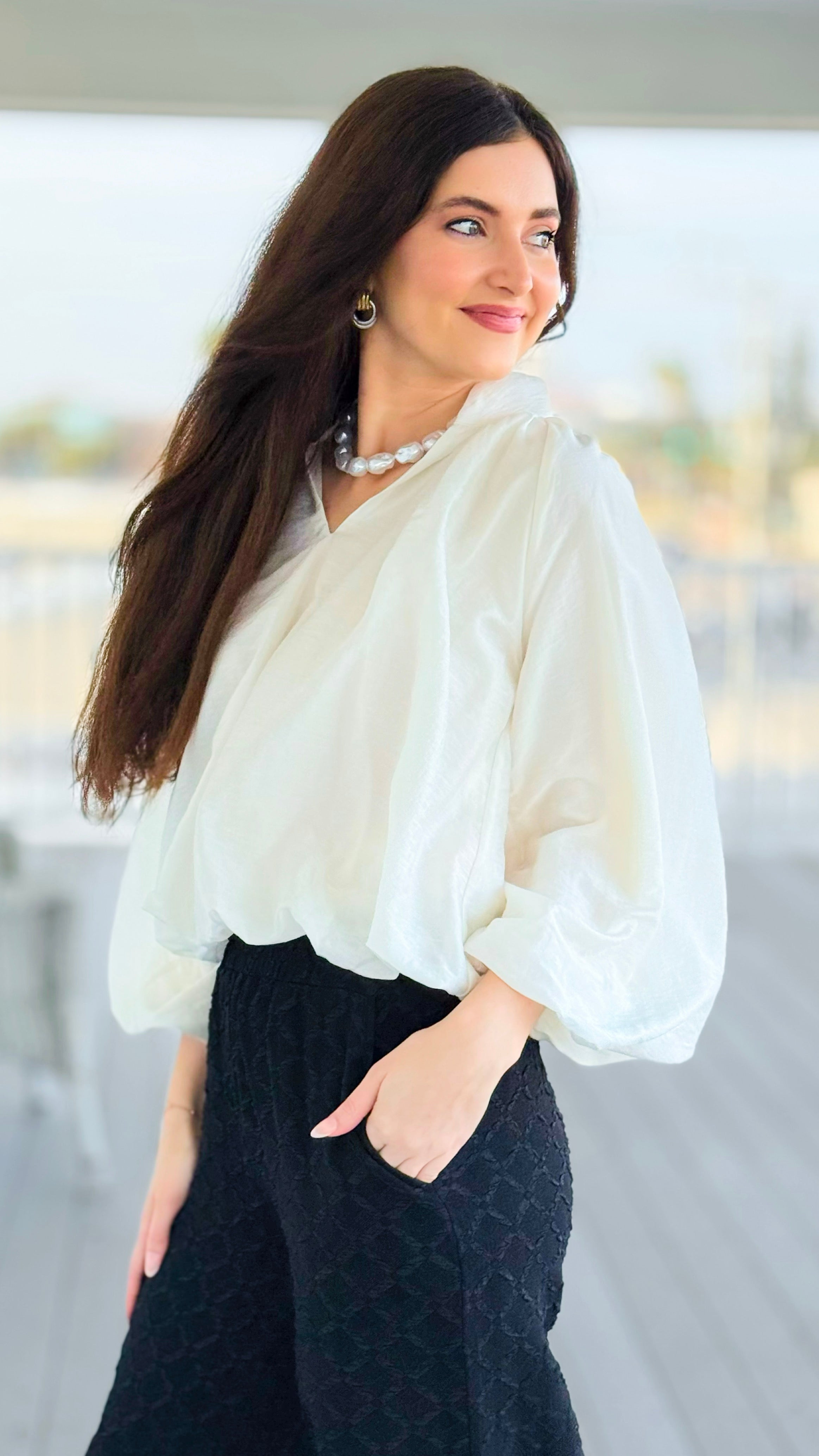 Cloud Nine Split Neck Top - Ecru