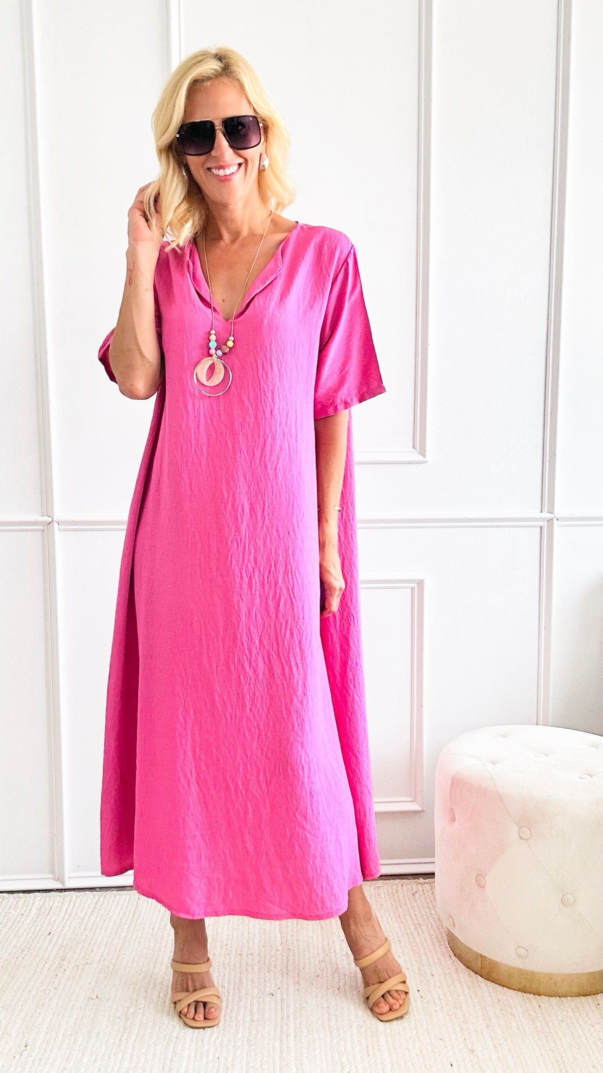 Linen Italian Dress W/Necklace - Fuchsia-200 dresses/jumpsuits/rompers-Germany-Coastal Bloom Boutique, find the trendiest versions of the popular styles and looks Located in Indialantic, FL