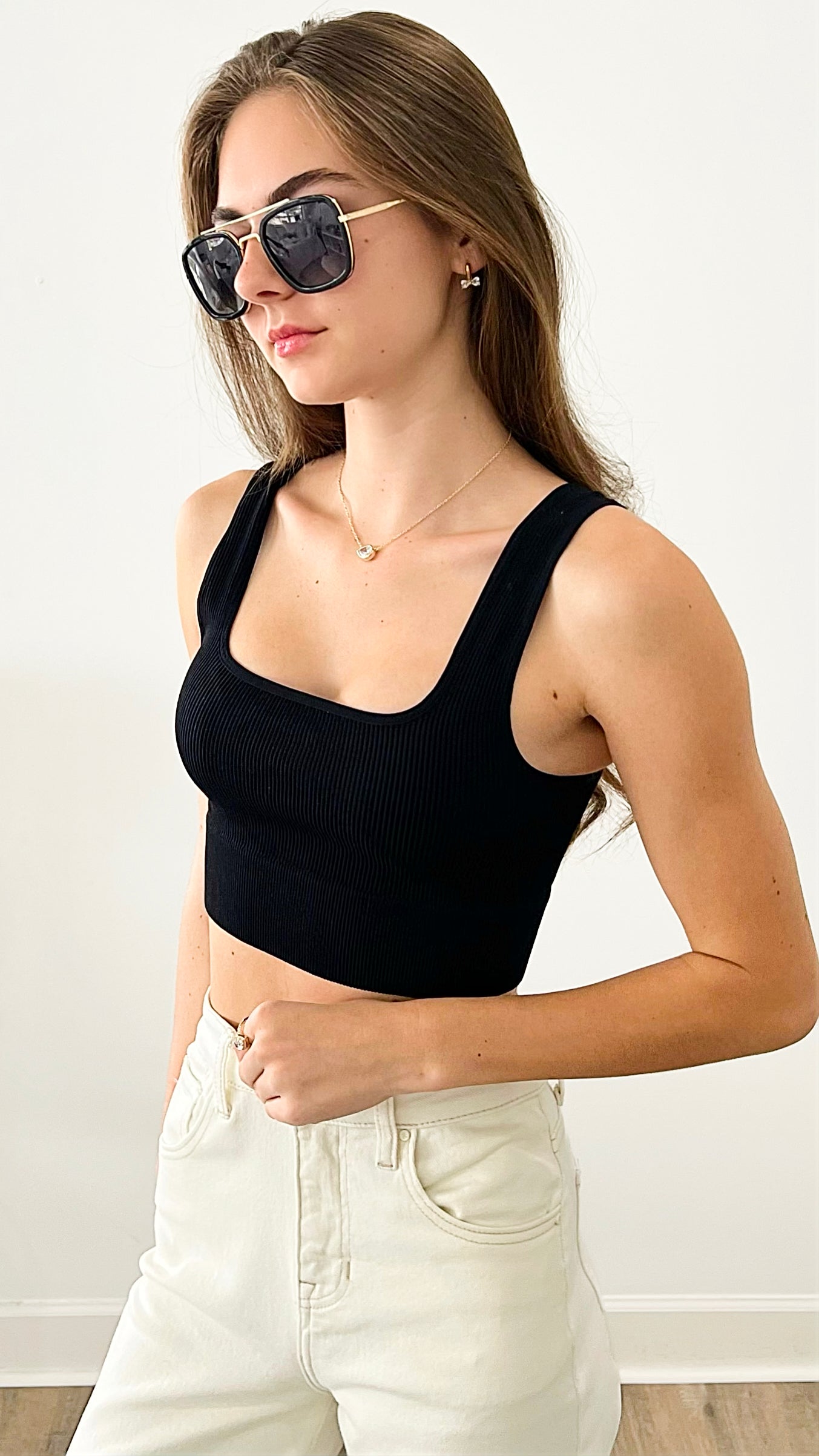 Ribbed Square Neck Cropped Tan Top - Black-220 Intimates-Zenana-Coastal Bloom Boutique, find the trendiest versions of the popular styles and looks Located in Indialantic, FL