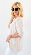 Relaxed Recoleta Lurex Trim Italian Top - Beige-130 Long Sleeve Tops-Italianissimo-Coastal Bloom Boutique, find the trendiest versions of the popular styles and looks Located in Indialantic, FL