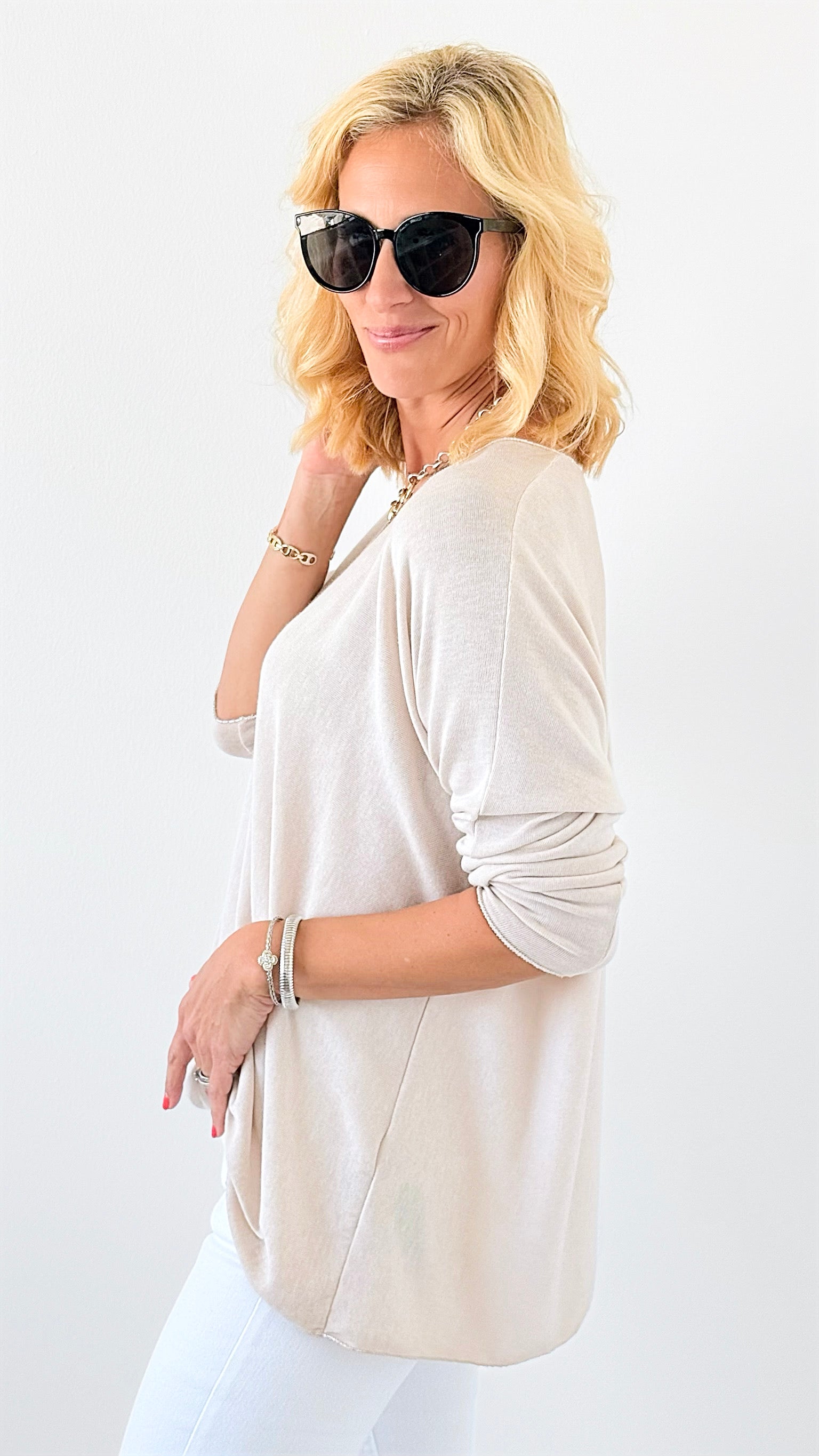 Relaxed Recoleta Lurex Trim Italian Top - Beige-130 Long Sleeve Tops-Italianissimo-Coastal Bloom Boutique, find the trendiest versions of the popular styles and looks Located in Indialantic, FL